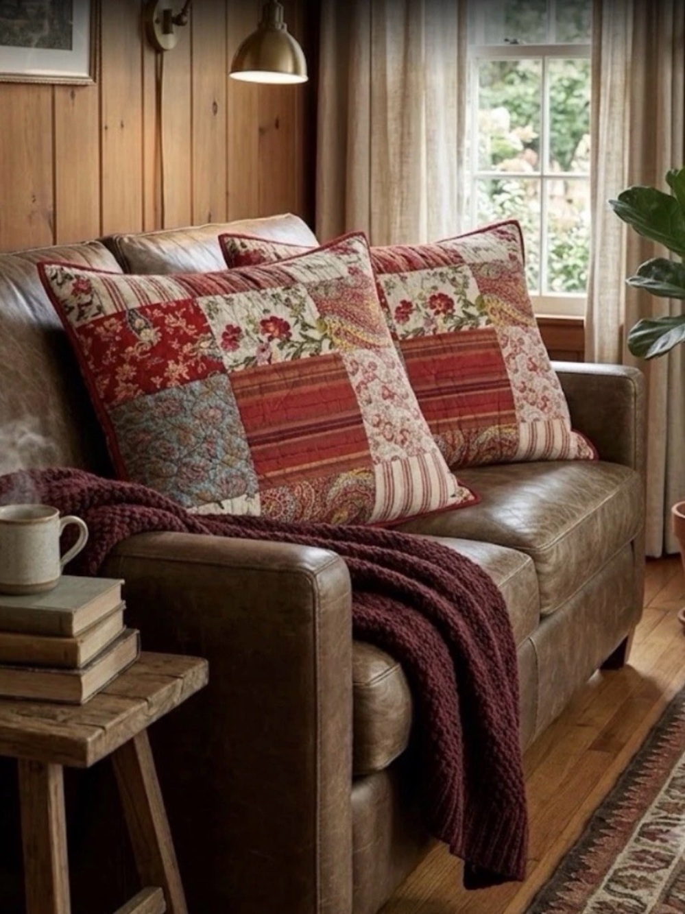 Pottery Barn Georgia Patchwork Rust Red Euro Sham Pillow Cover Set of Two 26”x26